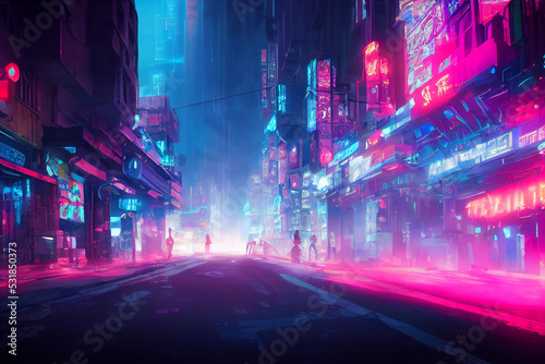 Cyberpunk style futuristic city street, Concept Art, Illustration, Generative AI