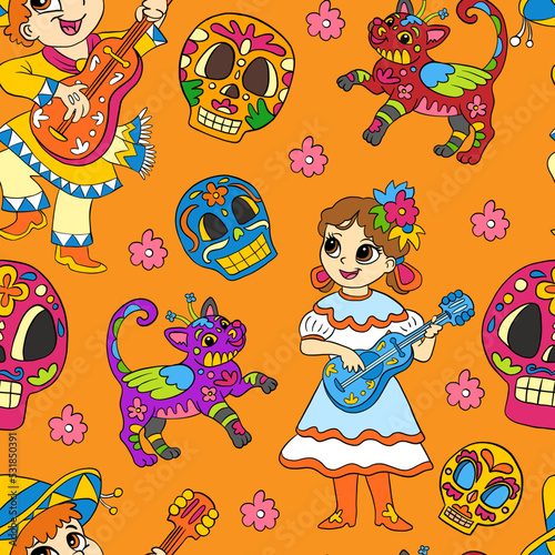 Seamless pattern of Halloween with cute mexican kids with guitars