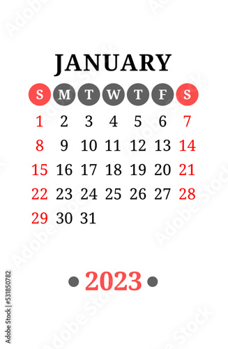 January calendar design 2023 year. English vector wall or pocket calender template. Week starts on Sunday