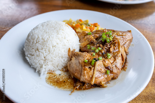 Popular Filipino Food - Chicken Adobo with Rice set
 photo