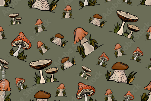 Seamless pattern with mushrooms. Freehand drawing. Can be used on packaging wrapping paper, fabric print background