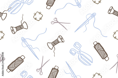 Seamless pattern with hand drawn sewing retro elements. Vector illustration hand drawn sewing tools