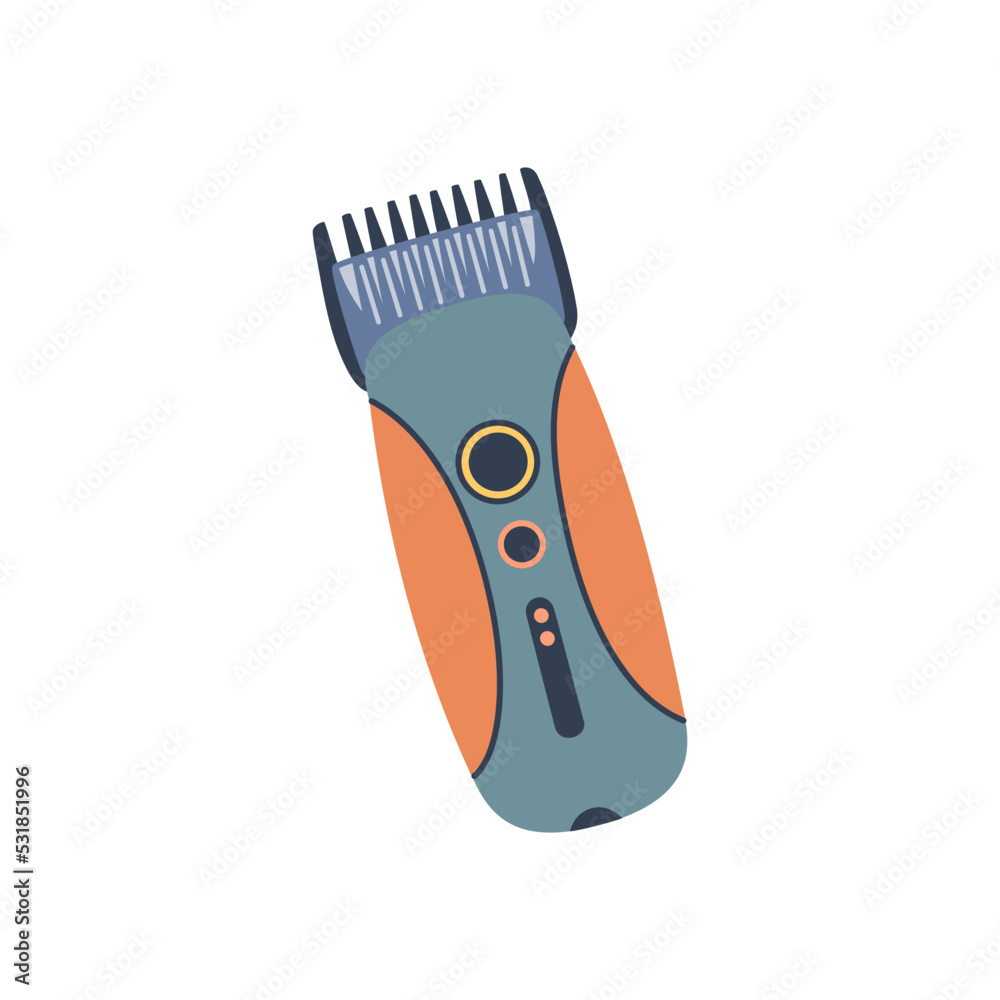 Obraz premium Modern electric hair trimmer. Modern equipment for barbershop. Hairdressing tool. Hand drawn vector illustration isolated on white background. Flat cartoon style.