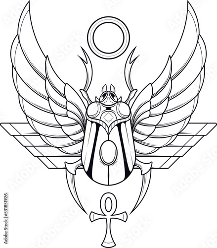 scarab beetle illustration with egyptian style drawing