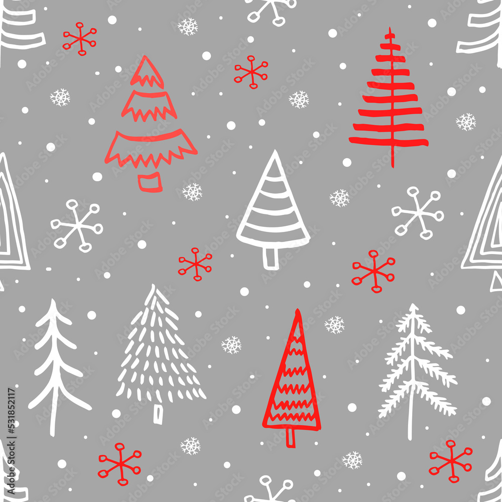 Cut Christmas seamless pattern with blue fir trees and yellow stars. Xmas simple texture. Christmas pattern. Christmas trees. Wrapping paper.