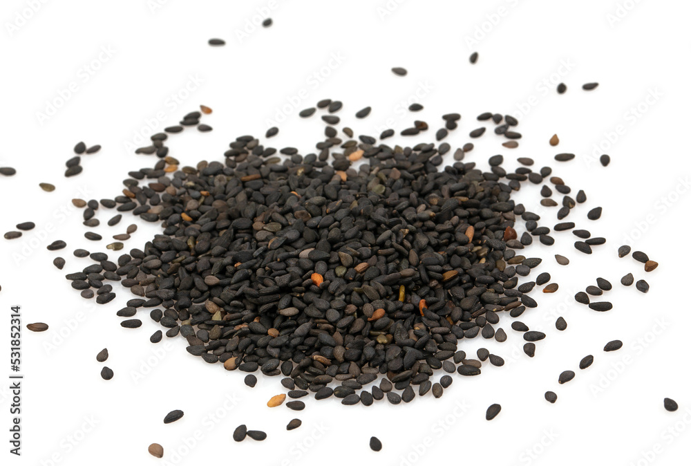 Black sesame seeds isolated on white background Black sesame seeds isolated on white background