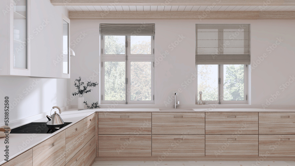Fototapeta premium Japandi bleached wooden kitchen in white tones. Parquet floor and beams ceiling. Panoramic windows. Minimalist interior design