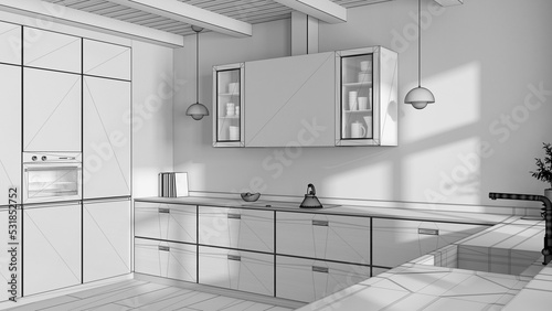 Blueprint unfinished project draft, minimalist wooden kitchen with appliances. Parquet floor and beams ceiling. Japandi interior design