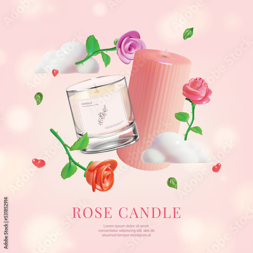Rose Scented Candle and Wax Candle in Glass Jar Ads Banner Concept Poster Card. Vector illustration of Candlelight