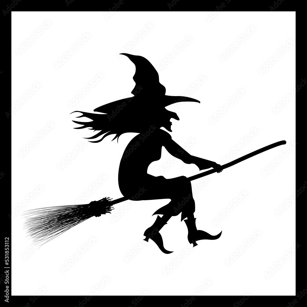 Fototapeta premium Halloween silhouette witch with hat on broom fly. Vector illustrations.