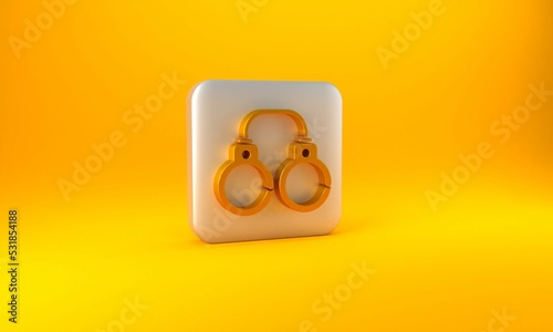 Gold Sexy fluffy handcuffs icon isolated on yellow background. Fetish accessory. Sex shop stuff for sadist and masochist. Silver square button. 3D render illustration