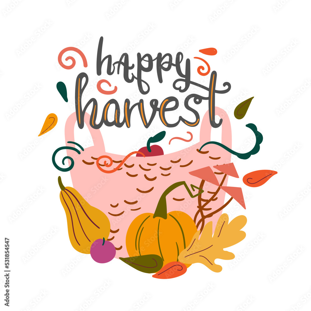 Autumn illustration with gather fall basket. Happy harvest festival concept.