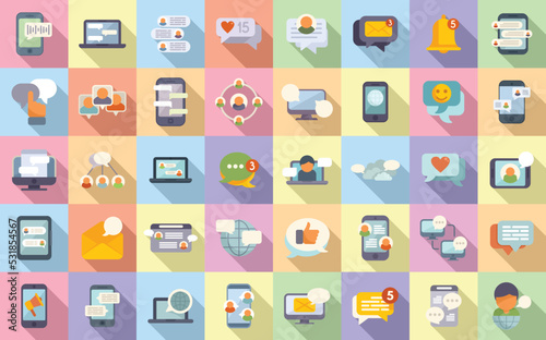 Messaging network icons set flat vector. Share star. People data