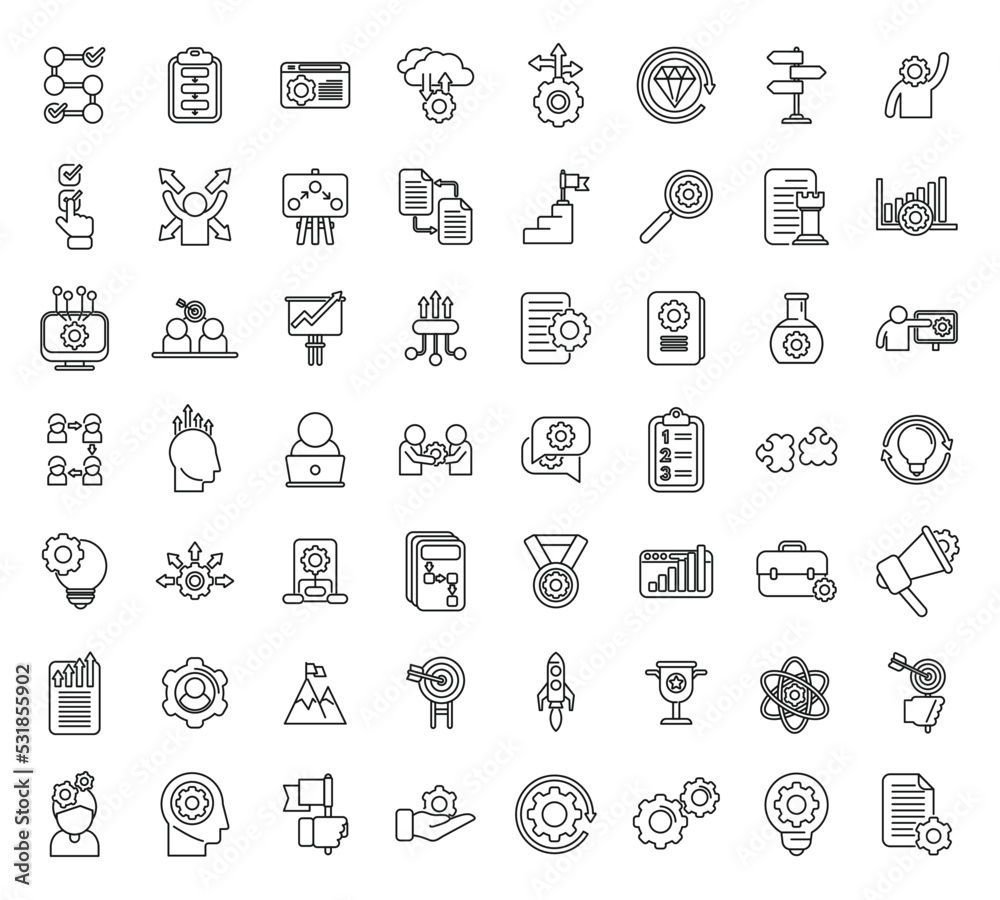 Realization icons set outline vector. Self dream. Success victory