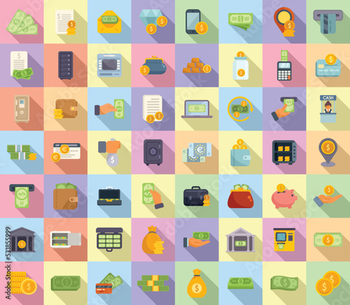 Bank cash icons set flat vector. Money cash. Euro coin