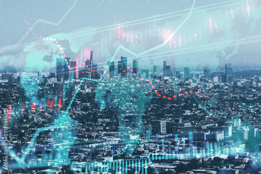 Fototapeta premium Bright glowing forex chart on blurry backdrop. Trade, finance, stats. Double exposure.