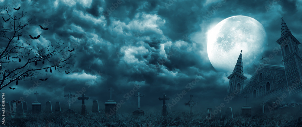 Graveyard cemetery to castle In Spooky scary dark Night full moon and bats on dead tree. Holiday event halloween banner background concept. - obrazy, fototapety, plakaty 