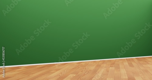 Empty blank room with green wall and light wooden floor. unfurnished room. Side diagonal view. 3d picture.