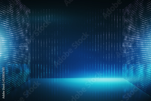 Fototapeta Naklejka Na Ścianę i Meble -  Creative metaverse room on blue backdrop. Technology and innovation concept. 3D Rendering.