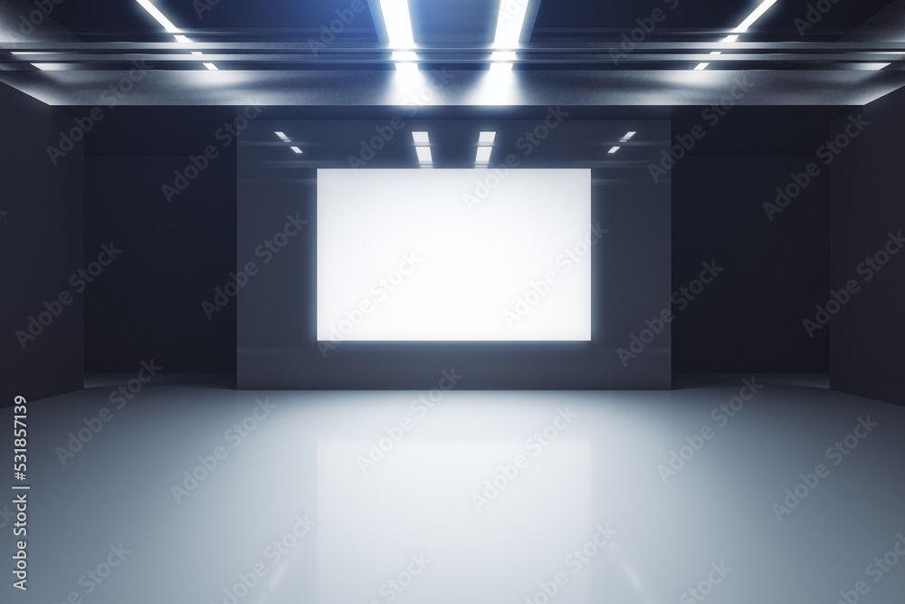 Modern futuristic gallery interior with empty white mock up banner on wall. 3D Rendering. Modern futuristic gallery interior with empty white mock up banner on wall. 3D Rendering.
