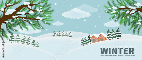 Winter snow banner with pine trees and hillside hut