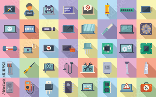 Laptop repair icons set flat vector. Repair computer. Broken support
