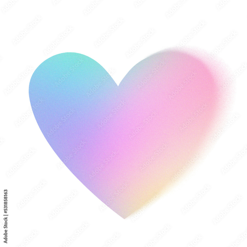 Abstract pastel neon holographic blurred grainy gradient heart on white background. Colorful digital grain soft noise Lo-fi multicolor vintage retro valentines day dating design, unicorn candy colors