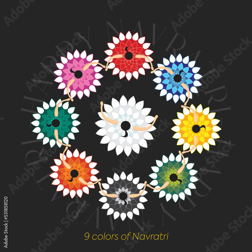 Happy Navratri. 9 colors of Navratri. Navratri Garba Dance Top Seamless Pattern. 
Top View. Useful for banner, backdrop, wallpaper, poster design, greeting card etc.