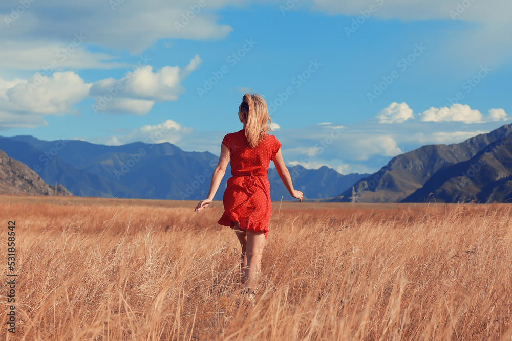 mountains travel field girl, freedom and happiness concept active