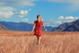mountains travel field girl, freedom and happiness concept active
