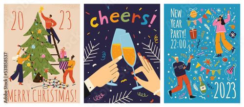 Merry christmas and happy new year greeting cards template. Vector set of winter holiday illustrations in vintage style. People decorate christmas tree. 2023 new year hand drawn poster