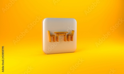 Gold Wooden table with chair icon isolated on yellow background. Silver square button. 3D render illustration