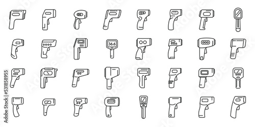 Laser thermometer icons set outline vector. Heat device. Celsius corona