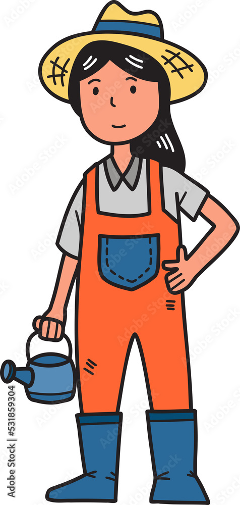 Hand Drawn female farmer holding a watering can illustration Hand Drawn female farmer holding a watering can illustration