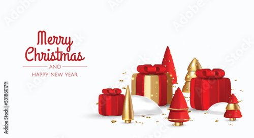 Christmas banner. Xmas background design with realistic box, christmas tree and golden confetti glitter. Greeting Cards.