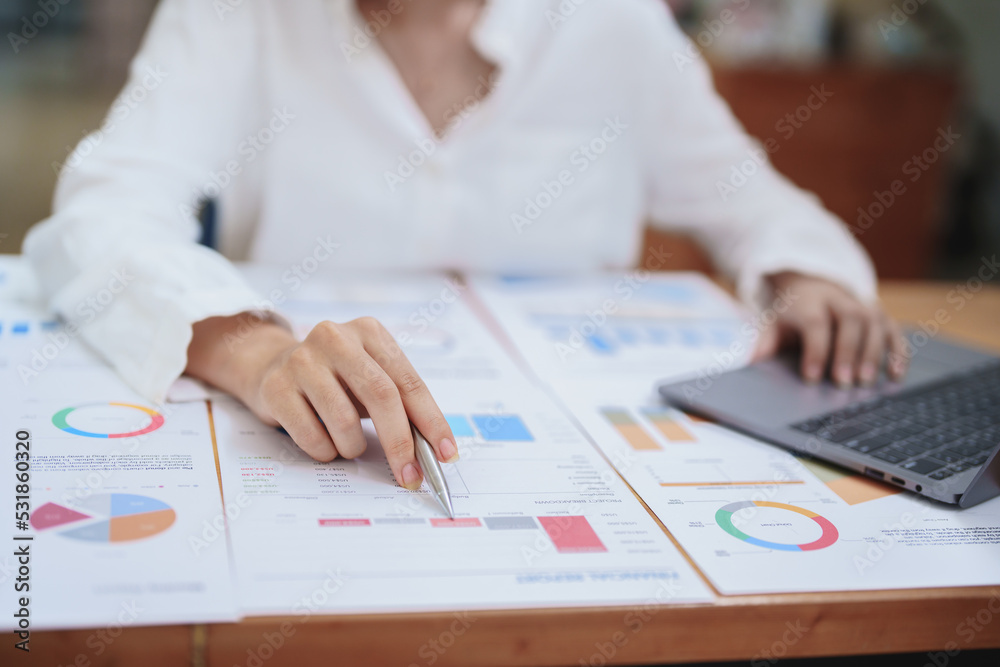 female employee holding pen,using a computer and checking budget documents female employee holding pen,using a computer and checking budget documents