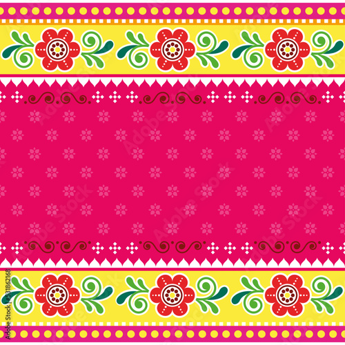 Indian and Pakistani truck art inspired vector seamless floral pattern or greeting card design with empty space for text
