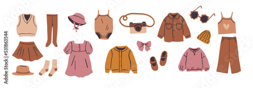 Various kid's clothing and accessories. Vector hand drawn illustration. All elements are isolated.