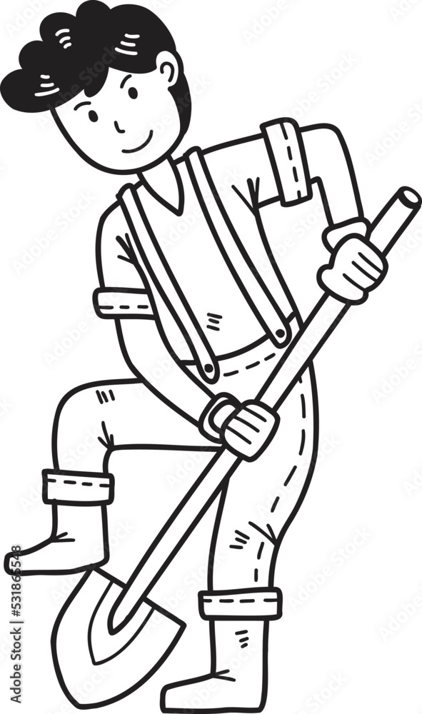 Hand Drawn Male farmer holding a hoe digging the ground illustration Hand Drawn Male farmer holding a hoe digging the ground illustration