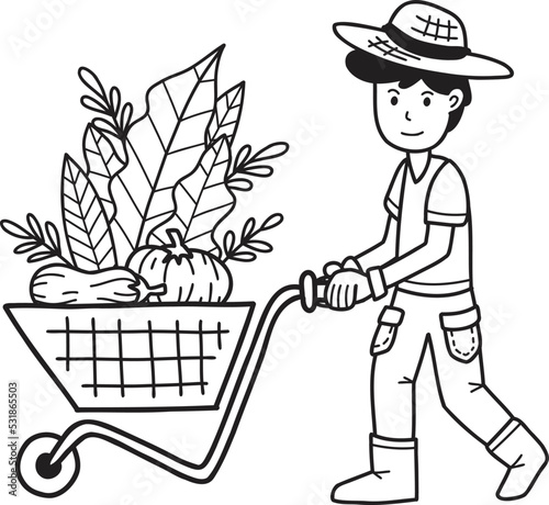 Hand Drawn Male farmer pushing vegetables and fruits cart illustration