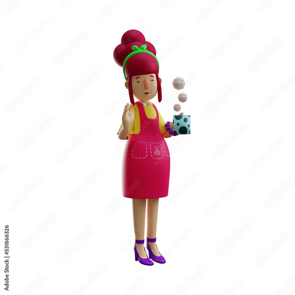  3D illustration. 3D Mother character holding a glass of hot tea. enjoy a nice cup of hot tea. put a pretty smile on her face. 3D Cartoon Character
