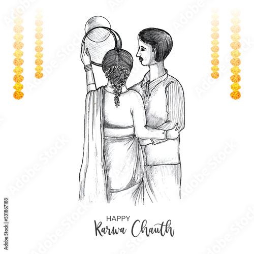 Karwa chauth festival card with indian copule sketch background