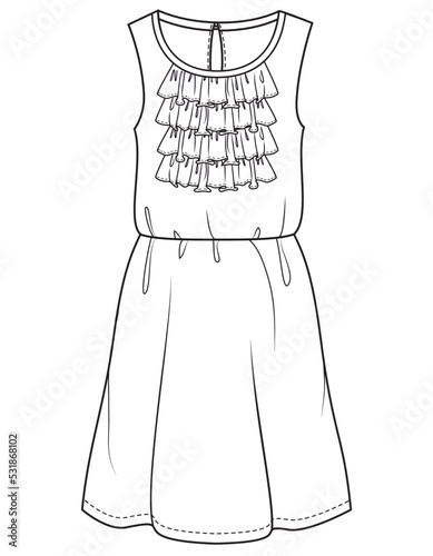 girls sleeveless dress flat sketch vector illustration. cad mockup.