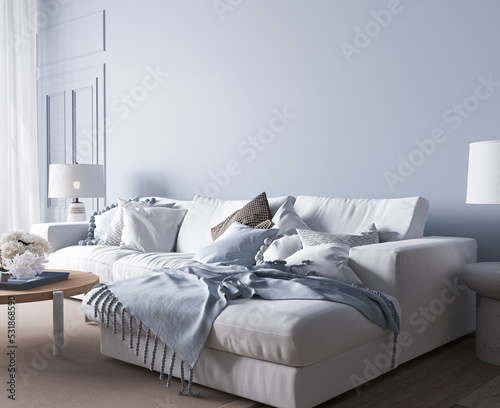 Modern bright living room in costal style, white sofa and wooden furniture on light blue wall background, 3d render 