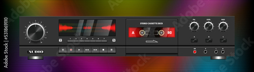 Vector vintage dark stereo audio system rack with tape cassette deck and red graphic equalizer