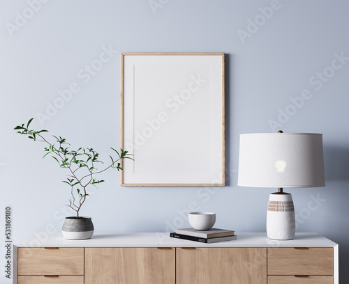 Modern bright living room in costal style, wooden furniture, white lamp and green plant on light blue wall background, 3d render 