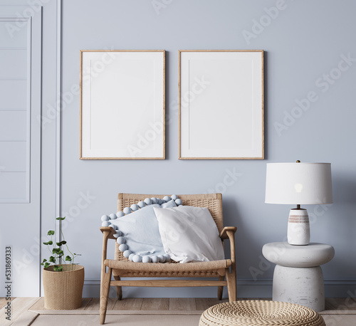 Modern bright living room in costal style, rattan chair and wooden furniture on light blue wall background, 3d render 
