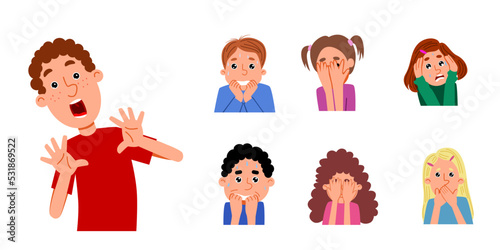 Seth with the Frightened children. Emotions of boys and girls. Vector illustration of a cartoon in a flat style.