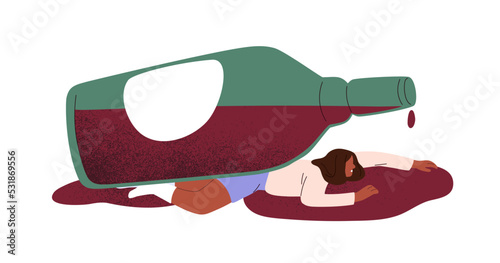 Alcohol-addicted drunk woman, drinker under wine bottle. Alcoholic drink abuse, excess. Drunken person with addiction disorder. Flat graphic concept vector illustration isolated on white background