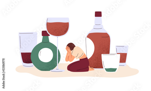 Alcohol abuse, excess and addiction concept. Unhappy addicted drunk woman suffering from alcoholism, booze, hangover among bottles. Flat graphic vector illustration isolated on white background